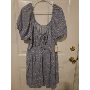Liberty Love Floral Babydoll Dress NWT Women 2X Blue Puff Sleeve Tie Front Rayon